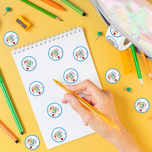 Haooryx Back to School Stickers - 500Pcs Welcome to 1st Grade Laptop Water Bottle Sticker Rolls First Day of School Self Adhesive Activity Pad Student Teacher Scrapbook Supplies Greeting Card Making - style: Welcome to 1st Grade