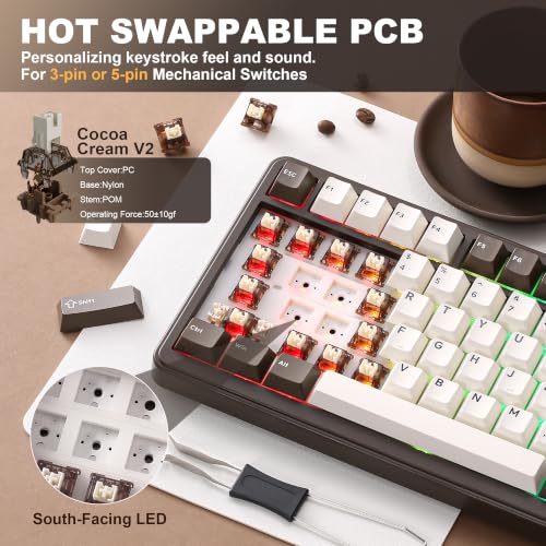 YUNZII B75 PRO Wireless Mechanical Gaming Keyboard | Custom 75% Layout with Knob,Gasket Mount,Hot Swap,Creamy Pre-lubed Switch,BT/USB-C/2.4G (Coffee Brown, Cocoa Cream V2 Switch) - color: Coffee Brown, size: Cocoa Cream V2 Switch