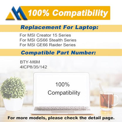 BTY-M6M 99.99Wh Laptop Battery Replacement for MSI GS66 Stealth 10SE 10SF 11UE 11UH GE66 Raider 10UG 11UG GE76 for Raider 11UE 11UG GE76 for Dragon Tiamat 11UH WS66 10TM 11UMT 11UKT for Creator 15 - size: 13.98*4.53*0.33 inch BTY-M6M