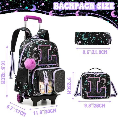 HTgroce Cute Rolling Backpack with Wheel,School Backpack for Kids Girl Roller Schoolbag Wheeled Backpacks Set Carry-on Luggage,Black L - color: Black, style: L