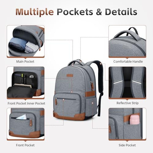 RealCool 15.6-17.3" Laptop Backpack, 31L Water Resistant Travel Bag | Independent frame opening, lightweight ,multi-compartments, ergonomic padded straps, luggage belt, for School,Business Trip - color: Gray