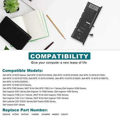 DXGH8 0H754V H754V G8VCF G8VCF6C HK6N5 Battery for Dell Inspiron 13 7000 7390 7391 2-in-1 5390 5391 14 7400 7490 Latitude 3301 E3301 XPS 13 9370 9380 2019 Vostro 5390 5391, P113G001 P82G P82G001 - size: 11.18*3.9*0.2inch DXGH8