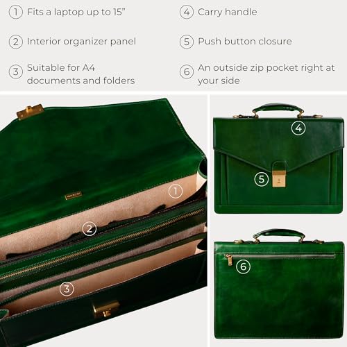 Time Resistance Leather Briefcase for Men - Business Laptop Bag - Italian Handmade Leather Bag - Attache - Gift Box Included - color: Green