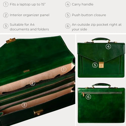 Time Resistance Leather Briefcase for Men - Business Laptop Bag - Italian Handmade Leather Bag - Attache - Gift Box Included - color: Green