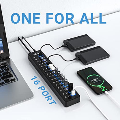 Power USB Hub 3.0, atolla 16 Port USB Splitter with 12V/6A Power Adapter and Individual Switches, High-Speed Data Transfer for Laptop, PC, Mac, and More Devices