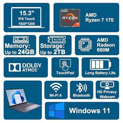 iCarp Customized Laptop Made with Lenovo IdeaPad Slim 3 Laptop 15.3" WUXGA IPS Anti-Glare Touch AMD 8-core Ryzen 7 170 16GB/24G RAM 512GB/1TB/2TB SSD for Creator Designer Business Professional Win11