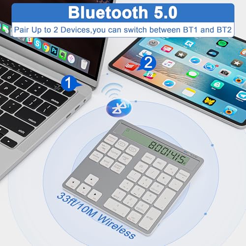 Rechargeable Wireless Number Pad for Laptop - 2-in-1 Dual Bluetooth & Wired Numeric Keypad with Calculator Display, 34 Keys Slim Portable Numpad for PC, MacBook, Tablet - Fast Data Entry & Accounting