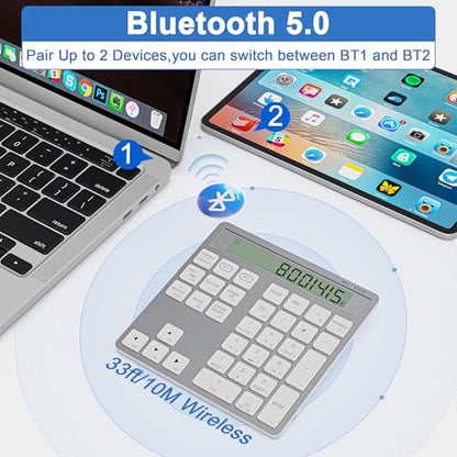 Rechargeable Wireless Number Pad for Laptop - 2-in-1 Dual Bluetooth & Wired Numeric Keypad with Calculator Display, 34 Keys Slim Portable Numpad for PC, MacBook, Tablet - Fast Data Entry & Accounting