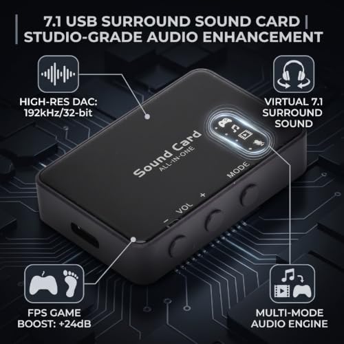 7.1 USB / 3.5mm Surround Sound Card, 192kHz / 32bit DAC | External PC Gaming Sound Adapter, Aluminum Alloy HiFi Audio Dongle for FPS, Laptop & Desktop