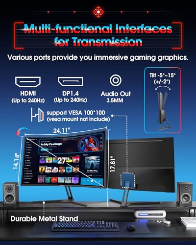 SANSUI 27 Inch Curved 240Hz Gaming Monitor FHD 1080P, 1500R Curve Computer Monitor, 130% sRGB, 4000:1 Contrast, HDR, FreeSync, MPRT 1Ms, Low Blue Light, HDMI DP Ports, Metal Stand, Cable Incl. - size: 27.01