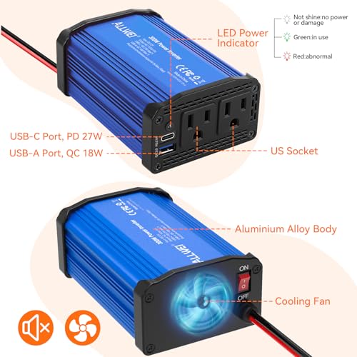 ALLWEI 300W Car Power Inverter, DC 12V to 110V AC Converter Car Plug Adapter Outlet with 27W PD USB-C & 18W USB-A Fast Charge, Car Cigarette Lighter Car Charger for Phone, Laptop on Road Trip -Blue - color: PD27W-Blue