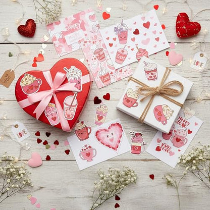 Haooryx Valentine's Day Latte Sticker - 1000 Pcs Romantic Pink Coffee Latte Heart Cream Letter Scrapbook Stickers 2 Roll Self-adhesive Waterproof Vinyl Decals Junk Jounal Valentine Gift Party Supplies - style: Romantic