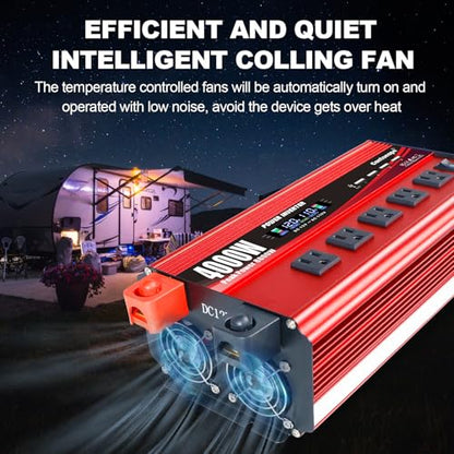 Cantonape 4000W Power Inverter 12V to 110V/120V DC to AC with LCD Display, Remote Controller 5 x AC Outlets and 4 x 3.1A USB Car Adapter for Car Truck Boat RV Solar System - size: 4000W-12V