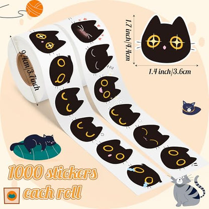 Black Cat Stickers Rolls - 1000 Pcs Black Cat Head Memes Waterproof Vinyl Reusable Laptop Stickers Coloring Book Scrapbook Water Bottle Page Activity Pad Birthday Party Favors Gift Skateboard - style: Black Cat Head Memes