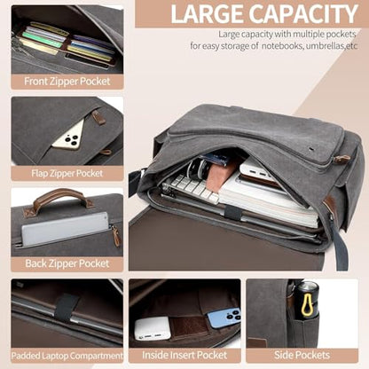 Laptop Messenger Bag for Men, 17 inch Water-resistant Canvas Laptop Shoulder Business Briefcase Bag