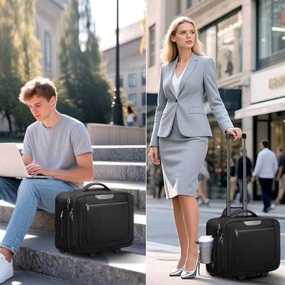 Ytonet Rolling Briefcase for Men Women with Cup Holder, 17.3'' Carry On Water Resistant Laptop Bag with Wheels, 15.6 In Travel Backpack with 4 Spinner Wheels, Carry On Rolling Laptop Bag with Detachab