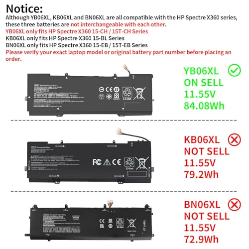 DMKAOLLK 84.08Wh YB06XL 928372-855 928427-272 Battery for HP Spectre X360 | Convertible 15-CH011DX 15-CH0XX 15T-CH000 15-CH011NR 15-CH 15T-CH Series 928372-856 928427-271 YB06084XL 11.55V - size: 12.08*3.93*0.2inch YB06XL