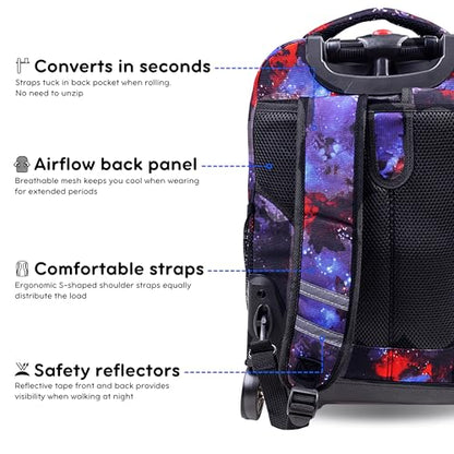 J World Sunrise Kids Rolling Backpack with Wheels for Girls Boys, Roller Bookbag for School, 18 x 13 x 9 Inches, Galax - color: Galaxy