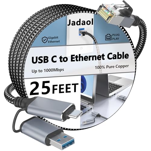 Jadaol USB-C/USB-A to Ethernet Cable 25 ft, Built-in USB-A Adapter, Up to 1Gbps Gigabit RJ45 LAN, Plug & Play for Most Systems, USB 3.0, Nylon Braided, Compatible with Thunderbolt 3/4 Device - size: 25ft