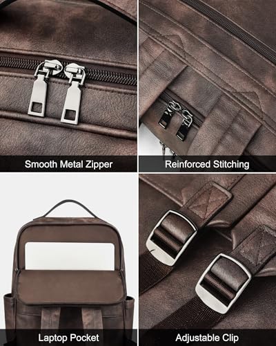 MASINTOR 15.6 inch PU Leather Laptop Backpack Purse for Women | College Laptop Backpack, Spacious Main Compartment, Luggage Strap & Padded Sleeve, Ideal for Campus, Commute & Travel - color: Retro Coffee