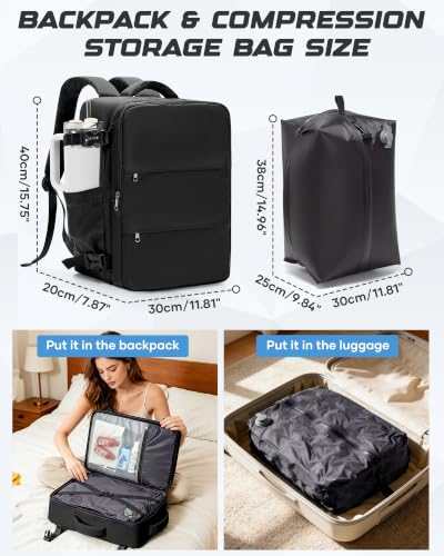 Travel Backpack for Women Men with Compression Vacuum Storage Bag & Electric Pump, Flight Approved Carry On Backpack, Frontier Spirit Airlines Personal Item Bag 18x14x8, Black - color: Black