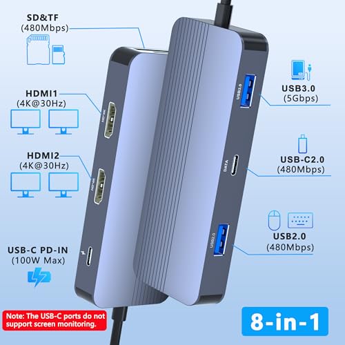 Docking Station Dual Monitor for Dell/HP/Lenovo Laptop, Dual HDMI Adapter for 2 Monitors, 8 in 1 USB C Docking Station with HD/USB/PD/SD/TF, HDMI Splitter for Dual Monitors Extended Display - style: 8 IN 1