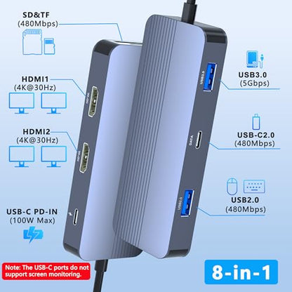 Docking Station Dual Monitor for Dell/HP/Lenovo Laptop, Dual HDMI Adapter for 2 Monitors, 8 in 1 USB C Docking Station with HD/USB/PD/SD/TF, HDMI Splitter for Dual Monitors Extended Display - style: 8 IN 1