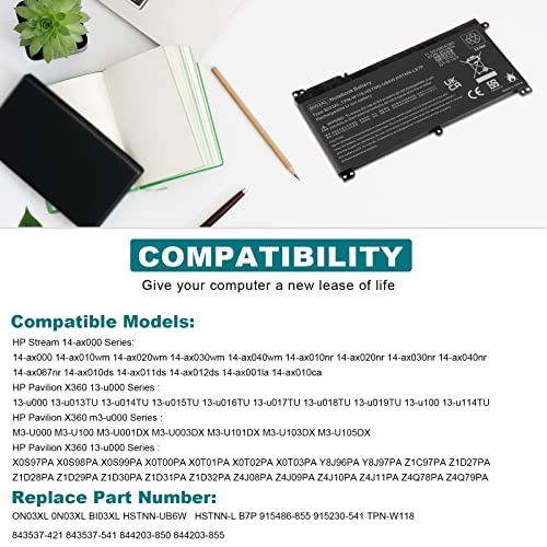 BI03XL Battery Compatible with HP Pavilion X360 M3-U 13-U M3-U001DX M3-U103DX 13-U100TU 13-U118TU Stream 14-AX 14-ax010nr 14-ax020wm 14-ax030wm TPN-W118 Laptop ON03XL HSTNN-LB7P HSTNN-UB6W 843537-541 - size: BI03XL 8.94 × 4.96 × 0.71 in