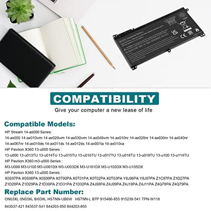 BI03XL Battery Compatible with HP Pavilion X360 M3-U 13-U M3-U001DX M3-U103DX 13-U100TU 13-U118TU Stream 14-AX 14-ax010nr 14-ax020wm 14-ax030wm TPN-W118 Laptop ON03XL HSTNN-LB7P HSTNN-UB6W 843537-541 - size: BI03XL 8.94 × 4.96 × 0.71 in