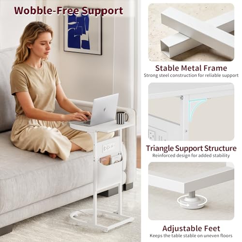C Shaped End Table with Charging Station, Small Side Table for Couch, C Table Slides Under Sofa with Storage Bag, TV Tray Table for Recliner, Living Room, Bedside, Bedroom, Small Spaces, White - color: Charging Station White