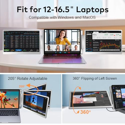 14" Laptop Screen Extender, FHD IPS Triple Screen Monitor Extender | FHD 1200P IPS Tri Screen for Laptops 12-16.5", USB-C/HDMI, Plug & Play, Dual Extra Screen Computer Monitors for Windows/Mac - size: 14 inches