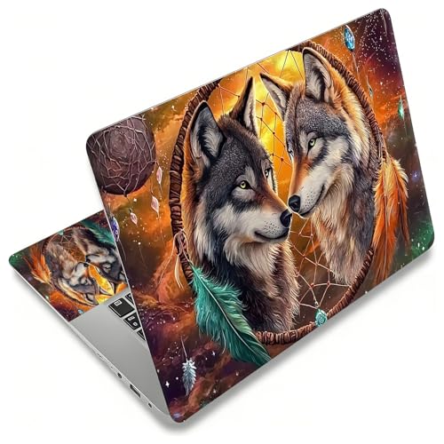 Laptop Skin Sticker for 12.1”-15.6“ Laptops (Fits 13”, 13.3”, 14”, 15”, 15.4”) | Protective Universal Reusable Vinyl Art Decal Cover | Waterproof & Scratch-Resistant-2 Wolves in Dream cathcer - color: 2 wolves in dream cathcer