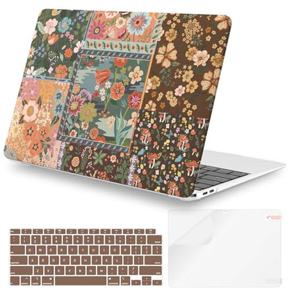 iCasso for MacBook Air 13 inch Case 2020 2019 2018 Release A2337 M1 A2179 A1932, Flower Hard Shell Protective Case for MacBook Air 13.3 inch + Keyboard Cover + Screen Film, Brown Flower - color: Brown Patchwork