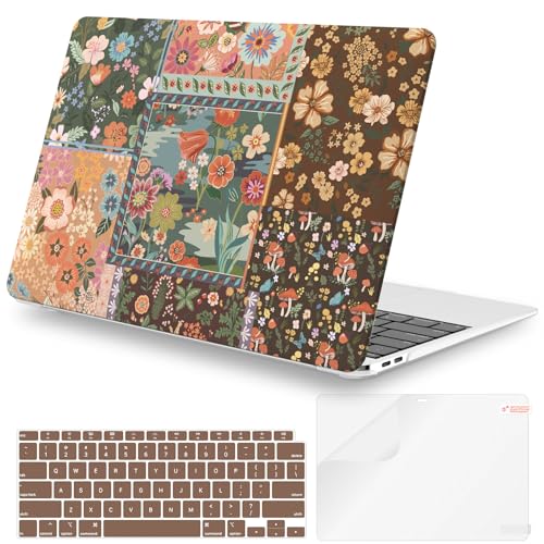 iCasso for MacBook Air 13 inch Case 2020 2019 2018 Release A2337 M1 A2179 A1932, Flower Hard Shell Protective Case for MacBook Air 13.3 inch + Keyboard Cover + Screen Film, Brown Flower - color: Brown Patchwork