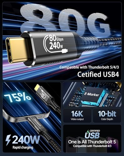 USB C Thunderbolt 5 Cable, 120Gbps Bandwidth, 80Gbps Date, 16K 8K 4K Video Sync Display, 240W Fast Charging, Fully Compatible with Thunderbolt 4/3, Type USB-C, USB4 / Gen4 Devices, 1.5FT - size: 1.5FT, style: Male to Male