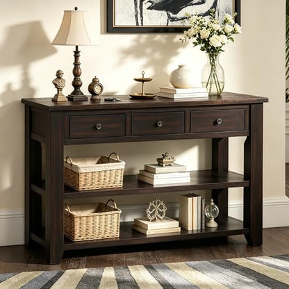 48’’ Modern Farmhouse Wood Entryway Console Table with Storage (Black) | 3-Tier Sofa Table Behind Couch, 3 Drawers, 2 Open Shelves, Easy Assembly, for Living Room, Foyer, Hallway - color: Black