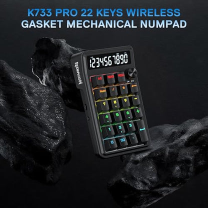 Redragon K733 PRO Wireless Gasket RGB Number Pad, Dual PC & Calculate Modes | 22-Key Mechanical Number Pad, 10-Digit Calculator Display, Knob Control, 5-Layer Noise Dampening, Creamy Custom Linear Switch - color: Black K733 PRO, size: Wireless
