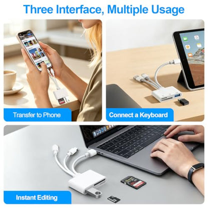 SD Card Reader for iPhone iPad Mac, 3 in 1 Memory SD Card Adapter, USB C & Lightning & USB-A Digital Camera Adapter to iPhone with SD/MicroSD/USB OTG Slots, High-Speed Plug & Play for Computer Laptop