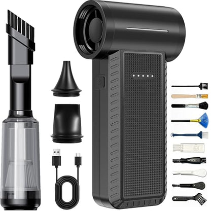 Electric Air Duster & Vacuum Cleaner, 130000 High-RPM Brushless Motor, Compressed Air Blower, Cordless with Inflating, Battery Powered, 15-Piece PC Cleaning Kit for Leaves, Cars, Computers, Office