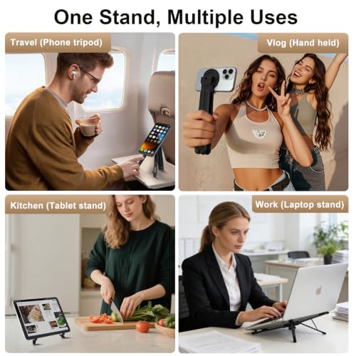 3-in-1 Foldable Magnetic Phone Tripod Stand, Portable Aluminum Alloy Adjustable Holder for Tablet, Laptop MacBook Pro/Air 10–16", Magnet Phone Mount Compatible with MagSafe iPhone Android - color: Black