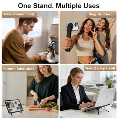 3-in-1 Foldable Magnetic Phone Tripod Stand, Portable Aluminum Alloy Adjustable Holder for Tablet, Laptop MacBook Pro/Air 10–16", Magnet Phone Mount Compatible with MagSafe iPhone Android - color: Black