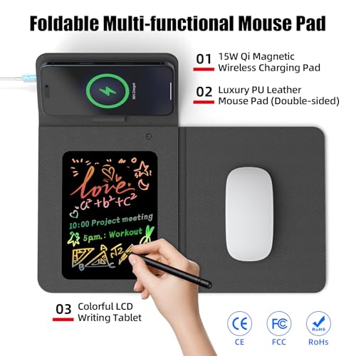 Foldable Wireless Charging Mouse Pad with Writing Tablet,15W Qi Magnetic Fast Charging Travel Mouse Pad,Multi-Functional PU Leather Mat Charging Pad for iPhone Samsung iWatch,Office Home Accessories - color: Black