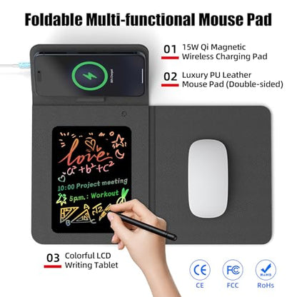 Foldable Wireless Charging Mouse Pad with Writing Tablet,15W Qi Magnetic Fast Charging Travel Mouse Pad,Multi-Functional PU Leather Mat Charging Pad for iPhone Samsung iWatch,Office Home Accessories - color: Black