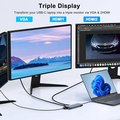 USB C Docking Station Dual Monitor for Dell/HP/Lenovo/Mac Laptop, Dual HDMI Adapter for 2 Monitors, 14 in 1 Laptop Docking Station Dual Monitor with 10Gbps USB/HDMI/VGA/PD/Ethernet/SD/TF/Audio/Mic - style: 14 IN 1