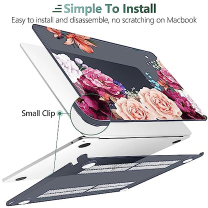 TWOLSKOO for MacBook Air 13 inch Case M5 2026 M4 2025 M3 M2 2024-2022 A3449 A3240 A3113 A2681, Plastic Hard Shell & Keyboard Cover & Screen Film for MacBook Air 13.6 inch Case, Black Peony - color: Black Peony