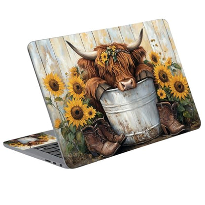 Universal Laptop Skin Sticker Decal with 2 Wrist Pad Skins, Waterproof Scratch Vinyl Cover for 11–15.6 Inch MacBook, HP, Dell, Lenovo, Cutable & Reusable,Highland Cow Sunflower - color: Highland Cow Sunflower