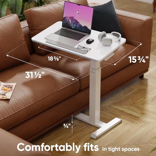 ONKRON Portable Desk on Wheels, max 17.6 lbs, Mobile Workstation, White | Height adjustable overbed table with 90° tilting top, hidden wheels, low-profile base; for laptop, bedside use & study