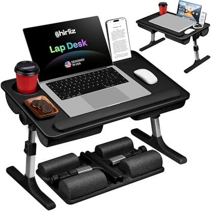 Lap Desk with Legs & Cushions: 2-in-1 Foldable Bed Desk for Adults - One-Touch Height Adjustment, Bed Table Tray Hold: up to 15.6“ Laptop, Mouse Cup Phone - Laptop Stand Desks for Bed (Black) - color: Black
