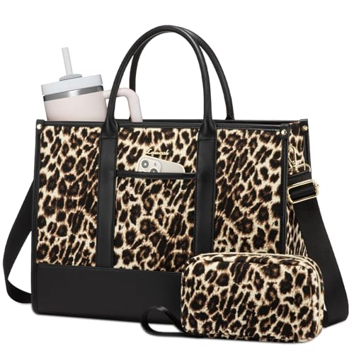 LOVEVOOK Laptop Tote Bags for Women Canvas Work Bag 15.6 inch Large Professional Teacher Purse Lightweight Computer Bag Briefcase Business Office, Leopard-black - color: Leopard-black, size: 15.6inch