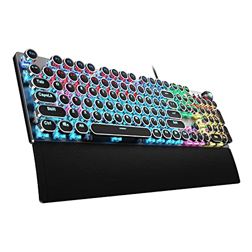 AULA F2088 Typewriter Style Mechanical Gaming Keyboard Wired,Blue Switches,Rainbow LED Backlit,Removable Wrist Rest,Media Control Knob,Retro Punk Round Keycaps,USB Wired Computer Keyboard - color: Black | Clicky Blue Switches